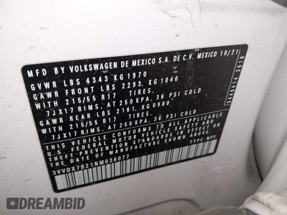 ✅ 2022 Volkswagen Taos S • VIN: 3VVDX7B21NM036077 • Лот: 43198293. Опубликован ранее на IAAI с пробегом 41 718 миль. Бесплатный доступ к архиву аукционных продаж из США и подробный отчёт об истории автомобиля на DreamBid. Изображение 9.