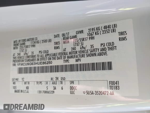 ✅ 2017 Ford Escape SE • VIN: 1FMCU9G93HUE86250 • Лот: 41196732. Опубликован ранее на IAAI с пробегом 113 335 миль. Бесплатный доступ к архиву аукционных продаж из США и подробный отчёт об истории автомобиля на DreamBid. Изображение 9.