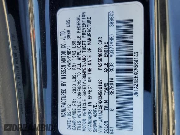 ✅ 2012 Nissan 370Z • VIN: JN1AZ4EHXCM564142 • Lot: 93467265. Listed on Copart with 103,036 mi. Free auction sales archive from the USA and detailed vehicle history report at DreamBid. Image 12.