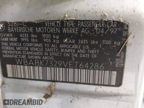 1997 BMW 3 Series z VIN WBABK7329VET64286, wystawiony jako IAAI lot #43406805 z przebiegiem 58 204 mil mil oraz . Historia ofert i sprzedaży dostępna na DreamBid. Obrazek 9.