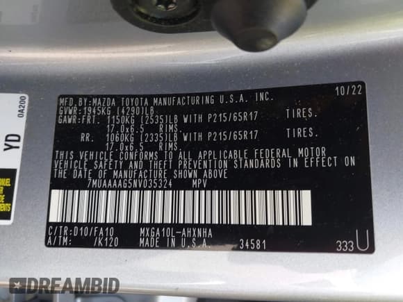 ✅ 2022 Toyota Corolla Cross L • VIN: 7MUAAAAG5NV035324 • Lot: 42942325. Listed on IAAI with 36,269 mi. Free auction sales archive from the USA and detailed vehicle history report at DreamBid. Image 9.