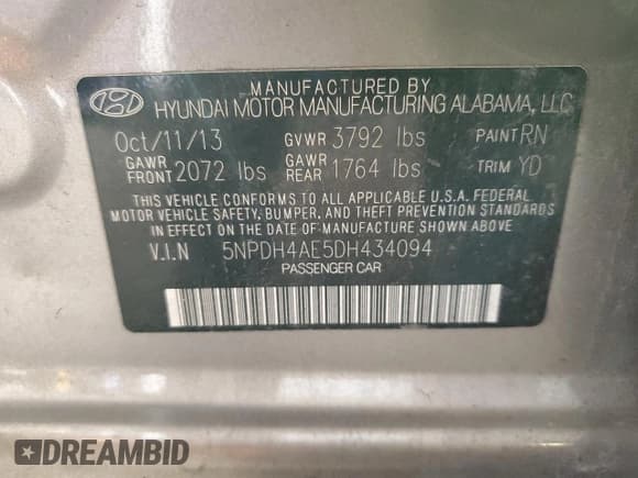 ✅ 2013 Hyundai Elantra GLS • VIN: 5NPDH4AE5DH434094 • Lot: 90539185. Listed on Copart with 100,958 mi. Free auction sales archive from the USA and detailed vehicle history report at DreamBid. Image 12.