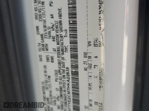 ✅ 2017 Ford Transit • VIN: 1FTYE2CM7HKA22835 • Lot: 66177115. Listed on Copart with 118,996 mi. Free auction sales archive from the USA and detailed vehicle history report at DreamBid. Image 13.