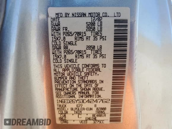 ✅ 2003 Nissan Frontier XE • VIN: 1N6ED26Y53C424762 • Lot: 90078135. Listed on Copart with 209,745 mi. Free auction sales archive from the USA and detailed vehicle history report at DreamBid. Image 12.