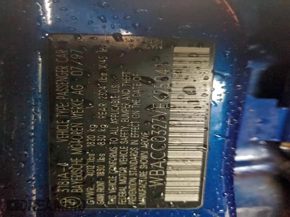 ✅ 1997 BMW 3 Series 318i • VIN: WBACC0327VEK25041 • Lot: 94437345. Listed on Copart with 15,895 mi. Free auction sales archive from the USA and detailed vehicle history report at DreamBid. Image 12.