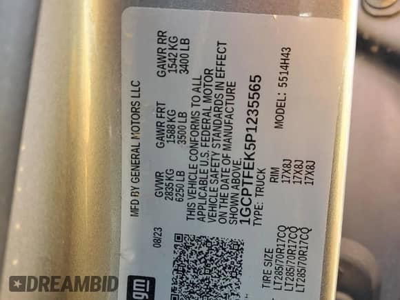 2023 Chevrolet Colorado 4WD ZR2 с VIN 1GCPTFEK5P1235565, выставлен на аукционе Copart как лот 70854725 с пробегом 42 500 миль миль и Списание • Salvage title. История ставок и продаж доступна на DreamBid. Изображение 12.