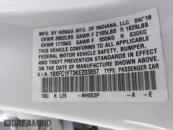 ✅ 2019 Honda Civic EX-L • VIN: 19XFC1F73KE203857 • Lot: 42061040. Listed on IAAI with 58,094 mi. Free auction sales archive from the USA and detailed vehicle history report at DreamBid. Image 9.