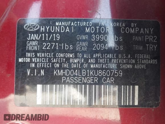 ✅ 2019 Hyundai Elantra Sport • VIN: KMHD04LB1KU860759 • Lot: 43603334. Listed on IAAI with Not provided. Free auction sales archive from the USA and detailed vehicle history report at DreamBid. Image 9.