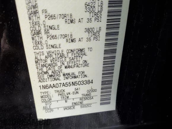 ✅ 2005 Nissan Titan SE • VIN: 1N6AA07A55N503384 • Lot: 51295665. Wystawiony na Copart z przebiegiem 92 942 mil. Bezpłatny archiwum sprzedaży aukcyjnych z USA i szczegółowy raport historii pojazdu na DreamBid. Zdjęcie 12.