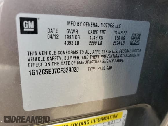 ✅ 2012 Chevrolet Malibu 1LT • VIN: 1G1ZC5E07CF329020 • Lot: 59535484. Listed on Copart with 169,201 mi. Free auction sales archive from the USA and detailed vehicle history report at DreamBid. Image 13.