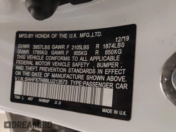 ✅ 2020 Honda Civic EX-L • VIN: SHHFK7H89LU213573 • Lot: 41876604. Listed on IAAI with 85,260 mi. Free auction sales archive from the USA and detailed vehicle history report at DreamBid. Image 9.