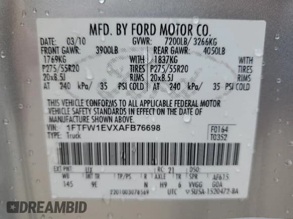 ✅ 2010 Ford F-150 XL • VIN: 1FTFW1EVXAFB76698 • Lot: 66725125. Listed on Copart with 137,534 mi. Free auction sales archive from the USA and detailed vehicle history report at DreamBid. Image 12.