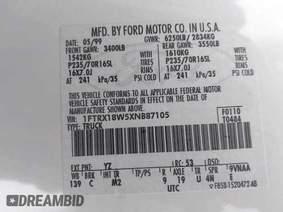 ✅ 1999 Ford F-150 • VIN: 1FTRX18W5XNB87105 • Lot: 43325057. Listed on IAAI with 159,328 mi. Free auction sales archive from the USA and detailed vehicle history report at DreamBid. Image 9.