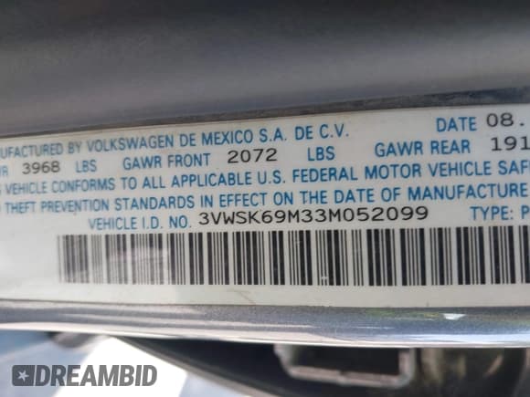 ✅ 2003 Volkswagen Jetta GLS • VIN: 3VWSK69M33M052099 • Lot: 42347580. Listed on IAAI with 247,138 mi. Free auction sales archive from the USA and detailed vehicle history report at DreamBid. Image 9.