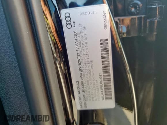 ✅ 2020 Audi A3 Premium • VIN: WAUAUGFF6LA072037 • Лот: 71887765. Опубликован ранее на Copart с пробегом 35 308 миль. Бесплатный доступ к архиву аукционных продаж из США и подробный отчёт об истории автомобиля на DreamBid. Изображение 13.