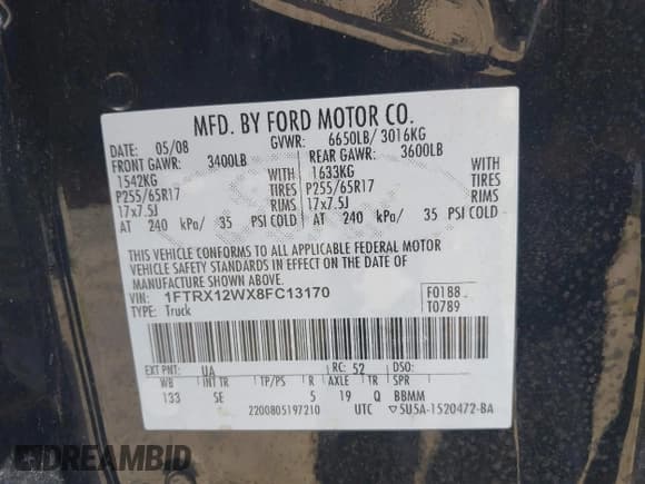 ✅ 2008 Ford F-150 STX • VIN: 1FTRX12WX8FC13170 • Lot: 42807147. Listed on IAAI with 250,796 mi. Free auction sales archive from the USA and detailed vehicle history report at DreamBid. Image 9.