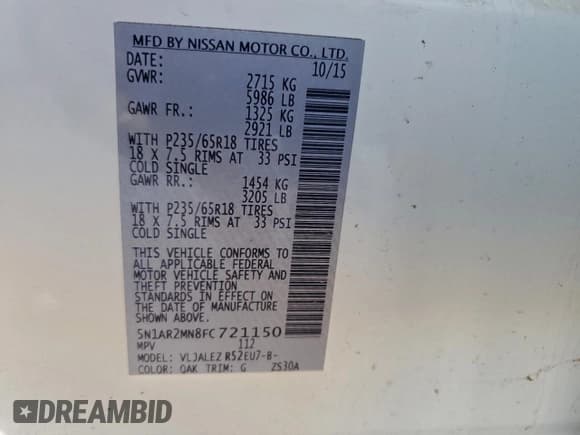 ✅ 2015 Nissan Pathfinder SV • VIN: 5N1AR2MN8FC721150 • Lot: 94390225. Listed on Copart with 149,210 mi. Free auction sales archive from the USA and detailed vehicle history report at DreamBid. Image 12.