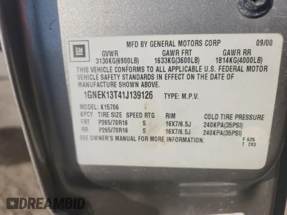 ✅ 2001 Chevrolet Tahoe LT • VIN: 1GNEK13T41J139126 • Lot: 91919785. Wystawiony na Copart z przebiegiem 314 407 mil. Bezpłatny archiwum sprzedaży aukcyjnych z USA i szczegółowy raport historii pojazdu na DreamBid. Zdjęcie 13.