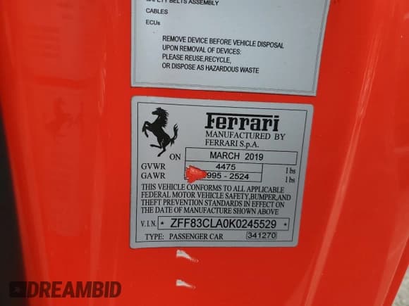 ✅ 2019 Ferrari 812 • VIN: ZFF83CLA0K0245529 • Lot: 71079695. Wystawiony na Copart z przebiegiem 23 288 mil. Bezpłatny archiwum sprzedaży aukcyjnych z USA i szczegółowy raport historii pojazdu na DreamBid. Zdjęcie 12.