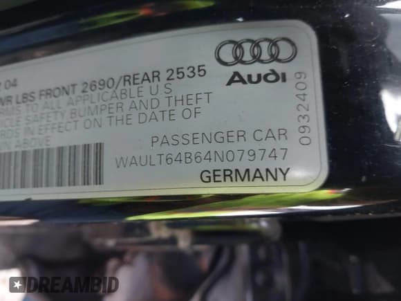 ✅ 2004 Audi A6 3.0L • VIN: WAULT64B64N079747 • Лот: 41346752. Опубликован ранее на IAAI с пробегом 135 169 миль. Бесплатный доступ к архиву аукционных продаж из США и подробный отчёт об истории автомобиля на DreamBid. Изображение 9.