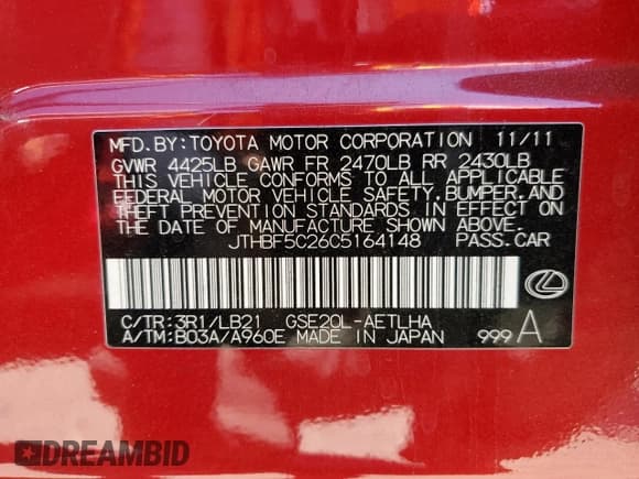 ✅ 2012 Lexus IS 250 • VIN: JTHBF5C26C5164148 • Лот: 58199385. Опубликован ранее на Copart с пробегом 134 129 миль. Бесплатный доступ к архиву аукционных продаж из США и подробный отчёт об истории автомобиля на DreamBid. Изображение 12.