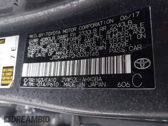 2017 Toyota Prius Plus с VIN JTDKARFP2H3032165, выставлен на аукционе IAAI как лот 43298667 с пробегом 51 567 миль миль и . История ставок и продаж доступна на DreamBid. Изображение 9.