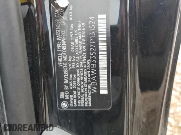 ✅ 2007 BMW 3 Series 328i • VIN: WBAWB33527P131524 • Lot: 71019905. Listed on Copart with 95,248 mi. Free auction sales archive from the USA and detailed vehicle history report at DreamBid. Image 13.