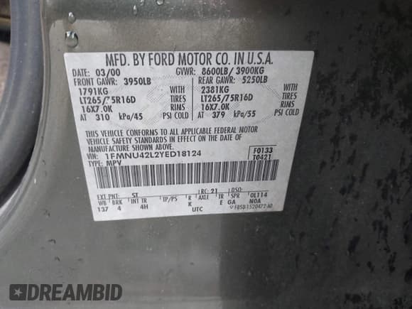✅ 2000 Ford Excursion Limited • VIN: 1FMNU42L2YED18124 • Лот: 43029121. Опубликован ранее на IAAI с пробегом 309 968 миль. Бесплатный доступ к архиву аукционных продаж из США и подробный отчёт об истории автомобиля на DreamBid. Изображение 9.