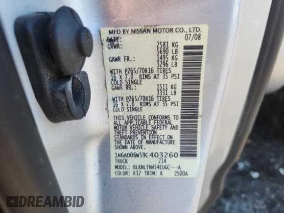 ✅ 2009 Nissan Frontier SE • VIN: 1N6AD06W59C403260 • Lot: 65057045. Listed on Copart with 141,838 mi. Free auction sales archive from the USA and detailed vehicle history report at DreamBid. Image 12.