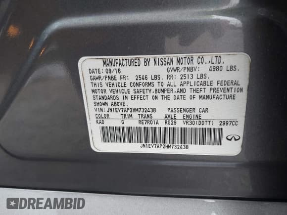 ✅ 2017 Infiniti Q50 Premium • VIN: JN1EV7AP2HM732438 • Lot: 43392000. Listed on IAAI with 72,988 mi. Free auction sales archive from the USA and detailed vehicle history report at DreamBid. Image 9.