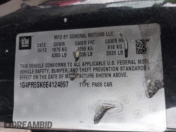 ✅ 2014 Buick Verano Convenience Group • VIN: 1G4PR5SK6E4124897 • Lot: 43721752. Listed on IAAI with 70,625 mi. Free auction sales archive from the USA and detailed vehicle history report at DreamBid. Image 9.