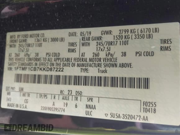 ✅ 2019 Ford F-150 XL • VIN: 1FTMF1CB7KKD87222 • Lot: 41955665. Listed on IAAI with 129,786 mi. Free auction sales archive from the USA and detailed vehicle history report at DreamBid. Image 9.