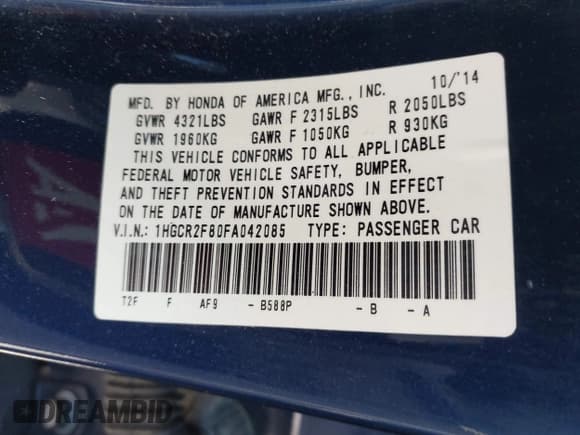 ✅ 2015 Honda Accord EX-L • VIN: 1HGCR2F80FA042085 • Lot: 43746595. Listed on IAAI with 117,193 mi. Free auction sales archive from the USA and detailed vehicle history report at DreamBid. Image 9.