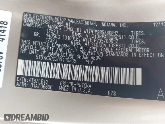 ✅ 2011 Toyota Sienna XLE • VIN: 5TDYK3DC2BS110339 • Lot: 43393623. Listed on IAAI with 218,183 mi. Free auction sales archive from the USA and detailed vehicle history report at DreamBid. Image 9.