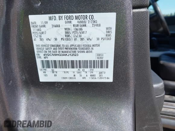 ✅ 2010 Mercury Mariner Premier • VIN: 4M2CN9HG3AKJ12523 • Лот: 42114096. Опубликован ранее на IAAI с пробегом 265 108 миль. Бесплатный доступ к архиву аукционных продаж из США и подробный отчёт об истории автомобиля на DreamBid. Изображение 9.