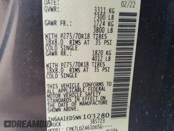 ✅ 2022 Nissan Titan SV • VIN: 1N6AA1ED5NN103280 • Lot: 69839765. Listed on Copart with 69,980 mi. Free auction sales archive from the USA and detailed vehicle history report at DreamBid. Image 12.