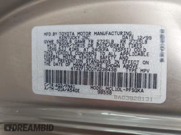 ✅ 2000 Toyota Sienna LE • VIN: 4T3ZF13C0YU238438 • Lot: 43619973. Listed on IAAI with 148,471 mi. Free auction sales archive from the USA and detailed vehicle history report at DreamBid. Image 9.