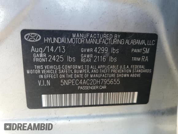 ✅ 2013 Hyundai Sonata SE • VIN: 5NPEC4AC2DH795655 • Lot: 76769834. Listed on Copart with 175,783 mi. Free auction sales archive from the USA and detailed vehicle history report at DreamBid. Image 13.