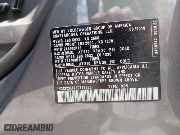 ✅ 2018 Volkswagen Atlas SE • VIN: 1V2CP2CA2JC593755 • Lot: 42381332. Listed on IAAI with 62,664 mi. Free auction sales archive from the USA and detailed vehicle history report at DreamBid. Image 9.