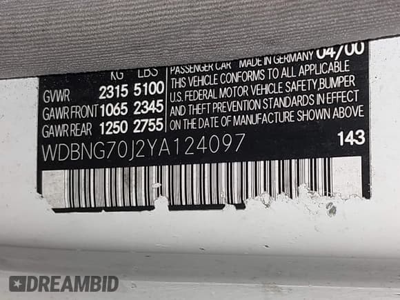 ✅ 2000 Mercedes-Benz S 320/430/500 • VIN: WDBNG70J2YA124097 • Lot: 43793623. Listed on IAAI with Not provided. Free auction sales archive from the USA and detailed vehicle history report at DreamBid. Image 9.