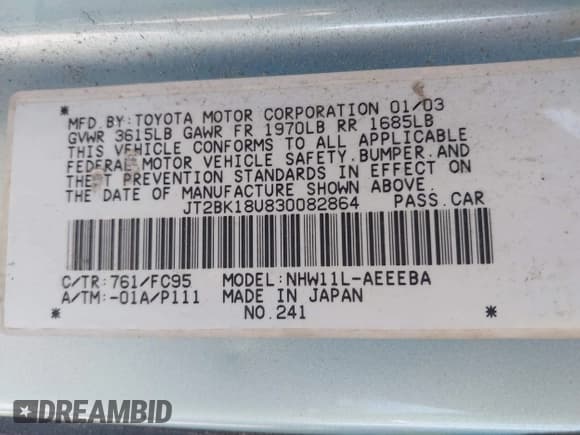 ✅ 2003 Toyota Prius • VIN: JT2BK18U830082864 • Lot: 42459996. Listed on IAAI with 299,208 mi. Free auction sales archive from the USA and detailed vehicle history report at DreamBid. Image 9.