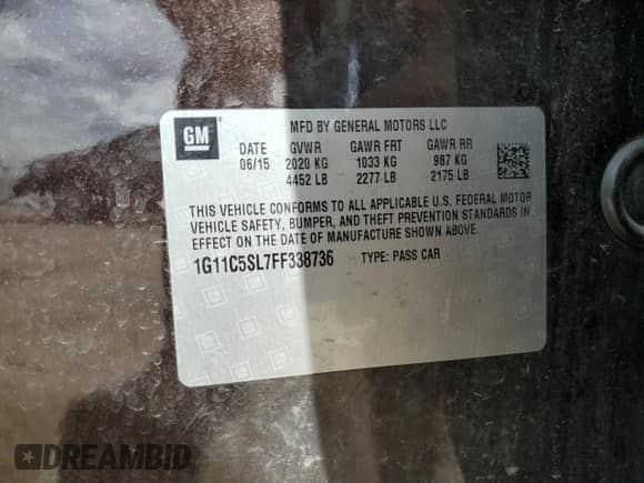 2015 Chevrolet Malibu LT with VIN 1G11C5SL7FF338736, listed as a Copart auction lot 70570915 with 118,090 mi miles and Salvage title. Bid and sale history available at DreamBid. Image 12.