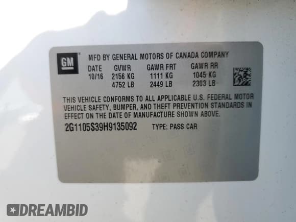 ✅ 2017 Chevrolet Impala LT • VIN: 2G1105S39H9135092 • Лот: 52751264. Опубликован ранее на Copart с пробегом 46 518 миль. Бесплатный доступ к архиву аукционных продаж из США и подробный отчёт об истории автомобиля на DreamBid. Изображение 13.