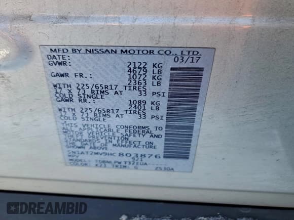 ✅ 2017 Nissan Rogue SL • VIN: 5N1AT2MV9HC803876 • Lot: 94675895. Listed on Copart with 127,947 mi. Free auction sales archive from the USA and detailed vehicle history report at DreamBid. Image 13.