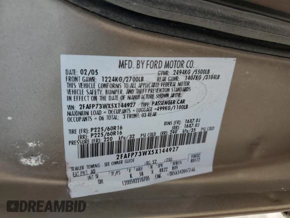 ✅ 2005 Ford Crown Victoria Standard • VIN: 2FAFP73WX5X144927 • Lot: 59713204. Wystawiony na Copart z przebiegiem 160 270 mil. Bezpłatny archiwum sprzedaży aukcyjnych z USA i szczegółowy raport historii pojazdu na DreamBid. Zdjęcie 12.