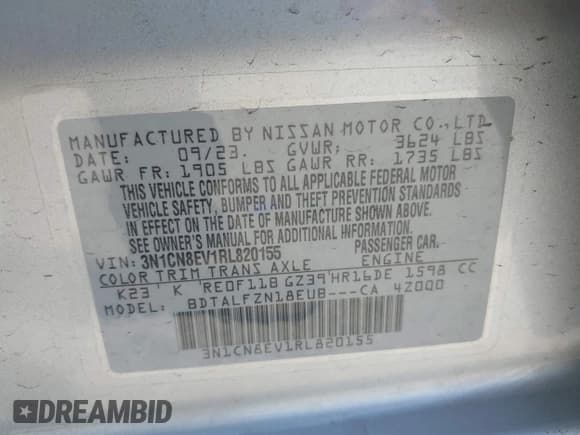 ✅ 2024 Nissan Versa SV • VIN: 3N1CN8EV1RL820155 • Лот: 43126454. Опубликован ранее на IAAI с пробегом 34 086 миль. Бесплатный доступ к архиву аукционных продаж из США и подробный отчёт об истории автомобиля на DreamBid. Изображение 9.