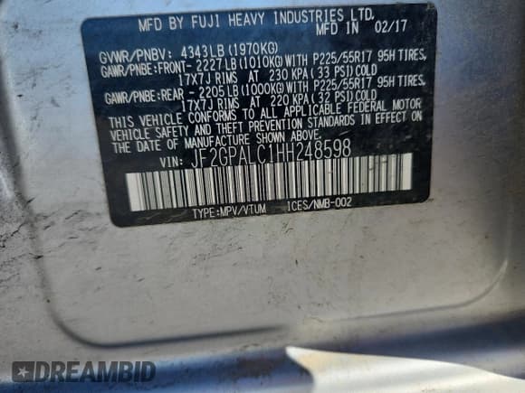 ✅ 2017 Subaru Crosstrek Limited • VIN: JF2GPALC1HH248598 • Lot: 84266065. Listed on Copart with 96,407 mi. Free auction sales archive from the USA and detailed vehicle history report at DreamBid. Image 12.