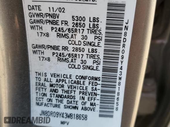 ✅ 2003 Nissan Pathfinder LE • VIN: JN8DR09Y43W818658 • Лот: 68808304. Опубликован ранее на Copart с пробегом Не указан. Бесплатный доступ к архиву аукционных продаж из США и подробный отчёт об истории автомобиля на DreamBid. Изображение 14.