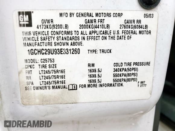 ✅ 2003 Chevrolet Silverado 2500HD LS • VIN: 1GCHC29U93E331260 • Lot: 59933585. Listed on Copart with Not provided. Free auction sales archive from the USA and detailed vehicle history report at DreamBid. Image 12.