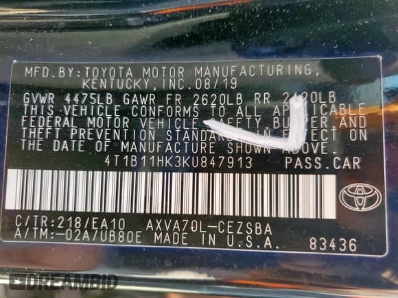 2019 Toyota Camry LE с VIN 4T1B11HK3KU847913, выставлен на аукционе Copart как лот 81251845 с пробегом 54 136 миль миль и Списание • Salvage title. История ставок и продаж доступна на DreamBid. Изображение 12.